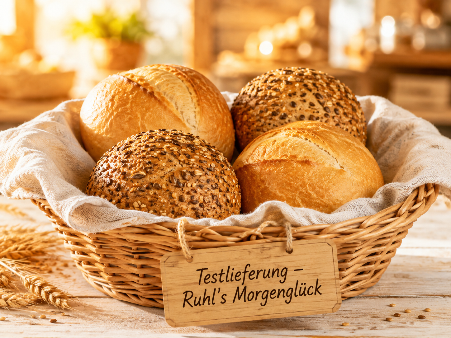 Brotkörbchen der Testlieferung von Ruhl's Morgenglück mit zwei normalen Brötchen und zwei Körnerbrötchen